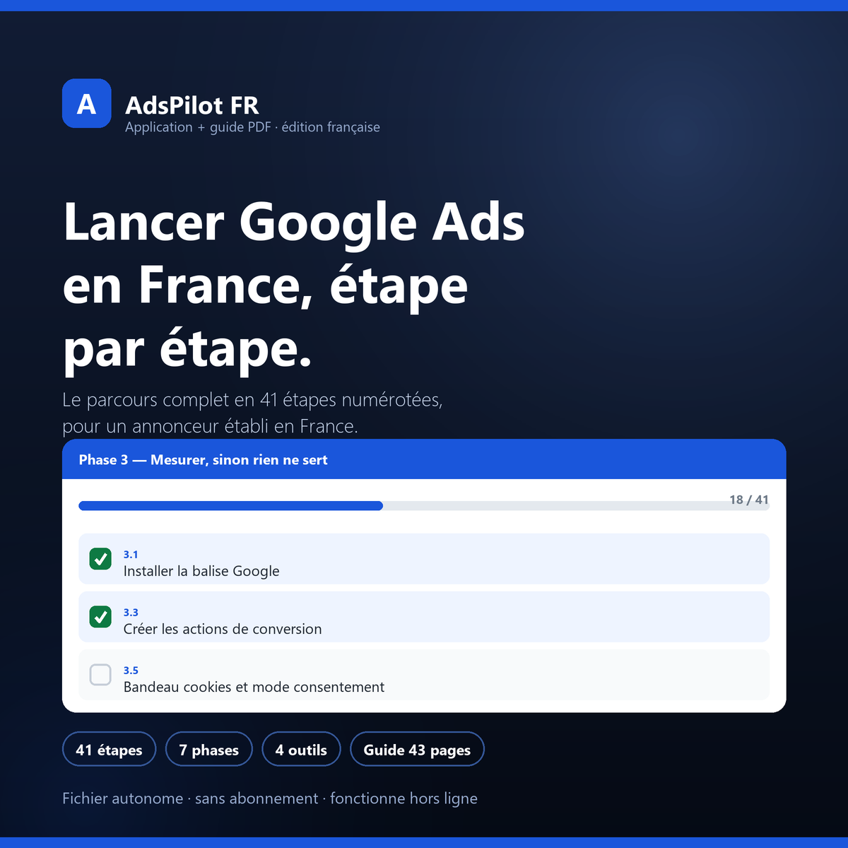 AdsPilot FR — application et guide PDF pour lancer Google Ads en France, 41 étapes en 7 phases