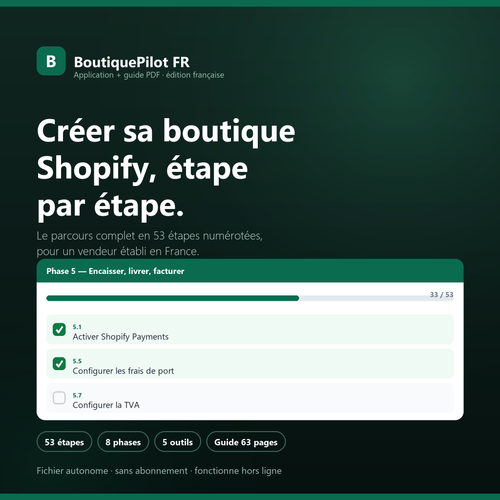 BoutiquePilot FR — application et guide PDF pour créer sa boutique Shopify étape par étape : 53 étapes, 8 phases, 5 outils, guide de 63 pages. Édition française.
