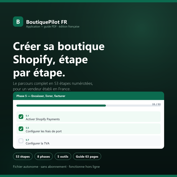 BoutiquePilot FR — application et guide PDF pour créer sa boutique Shopify étape par étape : 53 étapes, 8 phases, 5 outils, guide de 63 pages. Édition française.