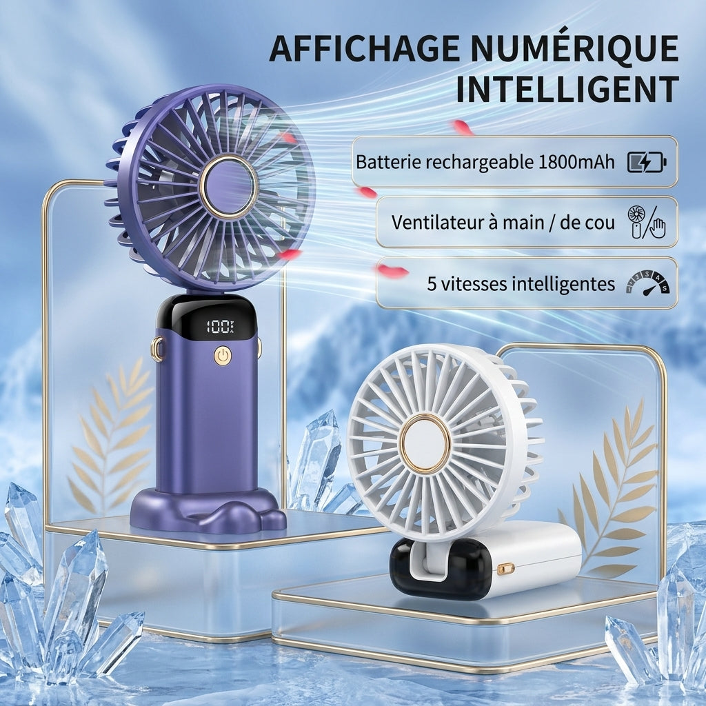 Mini Ventilateur de Cou Portable et Pliable - Rechargeable USB, Écran LED & Support Téléphone